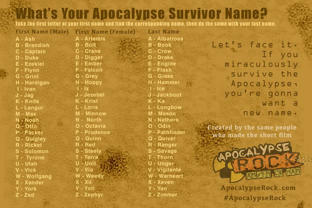 What's your Apocalypse Survivor Name?